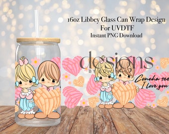 16 oz Libbey Glass Can UVDTF Wrap Design. Concha See I Love You Valentines.