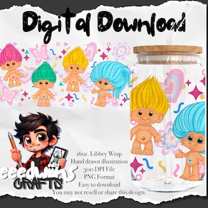 Design de embalagem UVDTF de lata de vidro Libbey de 16 oz. Design fofo de personagem de desenho animado de brinquedo dos anos 90.