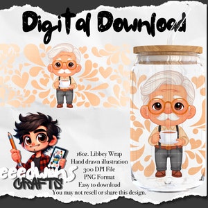 16 oz Libbey Glass Can UVDTF Wrap Design. Abuelito Talavera Cartoon Character Design.