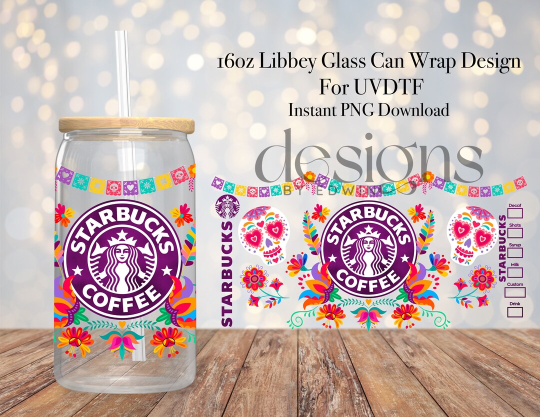 16 Oz Libbey Glass Can UVDTF Wrap Design. Dia De Los Muertos Cartoon ...