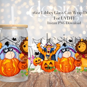 16 oz Libbey Glass Can UVDTF Wrap Design. Cute Halloween Cartoon Characters.