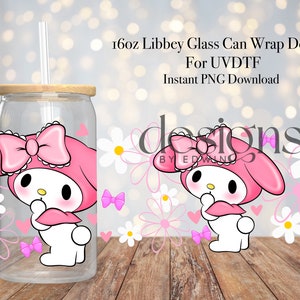 16 oz Libbey Glass Can UVDTF Wrap Design. Cute Pink Cartoon Design.