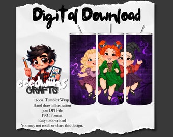 20 oz Straight Tumbler Sublimation Design. Cute Halloween Sisters Cartoon Character Design