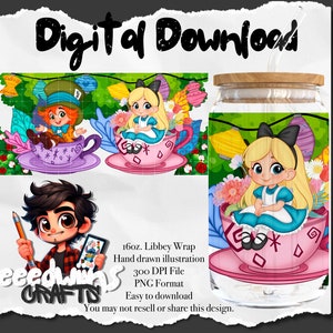 Op de afbeelding: Een digitale download van een 473 ml Libbey-wikkel met een handgetekend ontwerp van Alice in Wonderland-personages in een theekop-setting. Het ontwerp bevat Alice, de Hoedenmaker en een theekop met bloemen. De afbeelding is in PNG-formaat en heeft een resolutie van 300 DPI.