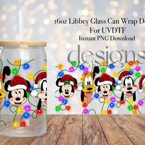 16 oz Libbey Glass Can UVDTF Wrap Design. Christmas Cartoon Design.