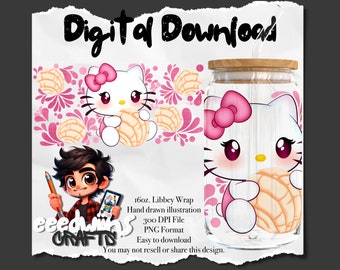16 oz Libbey Glass Can UVDTF Wrap Design. Cute Concha Talavera Character Design.