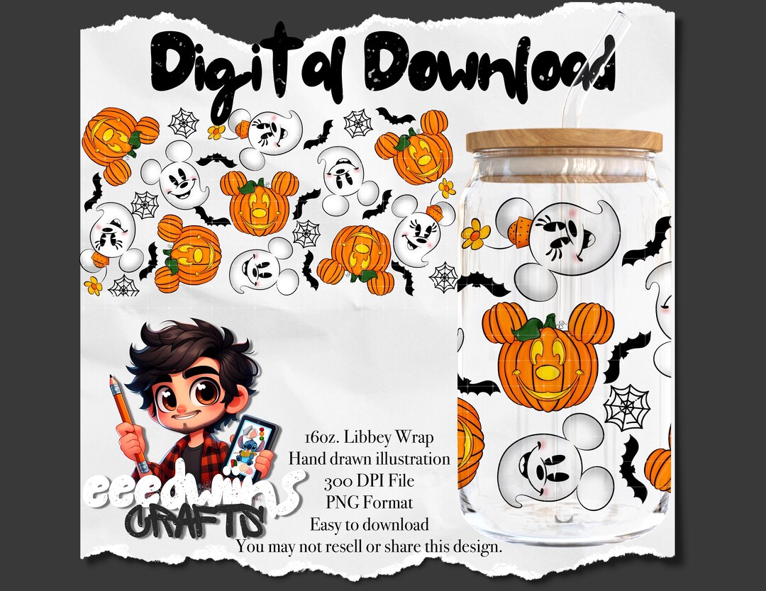 16 Oz Libbey Glass Can UVDTF Wrap Design. Cute Halloween Cartoon ...