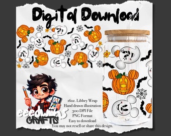 16 Unzen Libbey Glasdose UVDTF Wrap Design. Niedliches Halloween Cartoon Charakter Design.