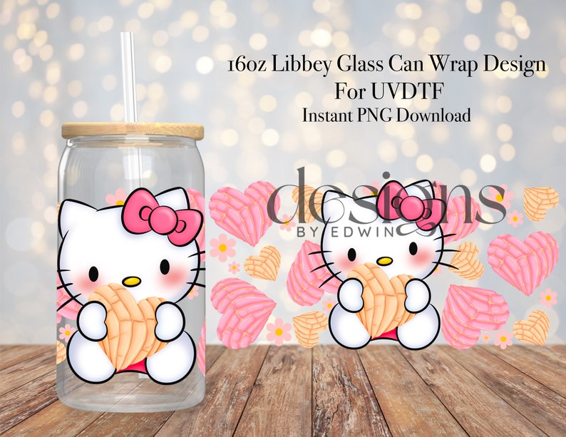 May include: A 16oz glass can wrap design featuring Hello Kitty holding a heart-shaped pastry. The design is surrounded by pink and yellow heart-shaped pastries and flowers. The design is for UV DTF printing and is available for instant download.