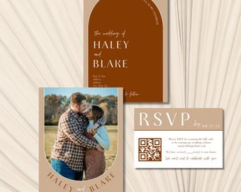 Puede incluir: Una invitación de boda con una foto de una pareja en un campo. La invitación es de estilo moderno con un esquema de color marrón y beige. El texto de la invitación dice "the wedding of HALEY and BLAKE" y "OCTOBER 8TH, 2024".
