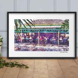 Koffie beignets aquarel kunst poster print New Orleans Cafe NOLA Home muur decor Louisiana landschap verjaardag housewarming huwelijksgeschenken