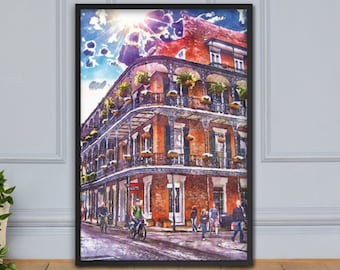 New Orleans Watercolor Print | French Quarter Architecture Poster Portrait | Nola Wall Art Home Decor Wedding Gifts | Louisiana Mardi Gras