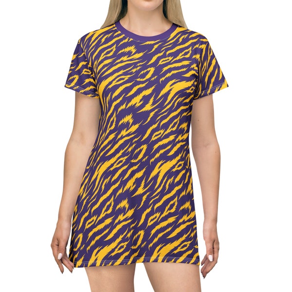 Purple Gold Tiger Tshirt Dress | Game Day Women's Clothing | Baton Rouge Louisiana Christmas Ladies Gifts | New Orleans Nola