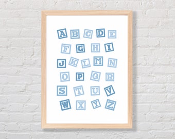 Blauwe print met alfabetblokken – kinderkamerdecoratie (digitale download)
