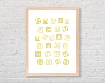 Gele kunstafdruk met alfabetblokken - decoratie kinderkamer (digitale download)