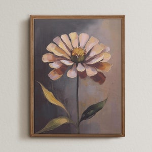 May include: A framed painting of a single, light pink flower with a yellow center. The flower is painted in a realistic style with visible brushstrokes. The background is a muted gray with hints of brown and blue.