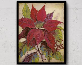 赤いポインセチアのクリスマス絵画、印刷可能な壁アート、暗い冬の花の