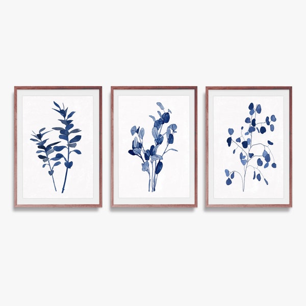 Botanical print set, indigo botanical, set of three prints, leaf print set, navy blue wall art, blue botanical print, botanical poster, leaf