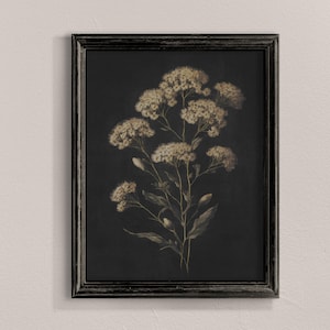 Schwarzweiße Blumenmalerei, Wildblumen Kunstplakat, dunkle botanische Wandkunst, Digitaldrucke, launische Blumenwandkunst, Vintage Botanische