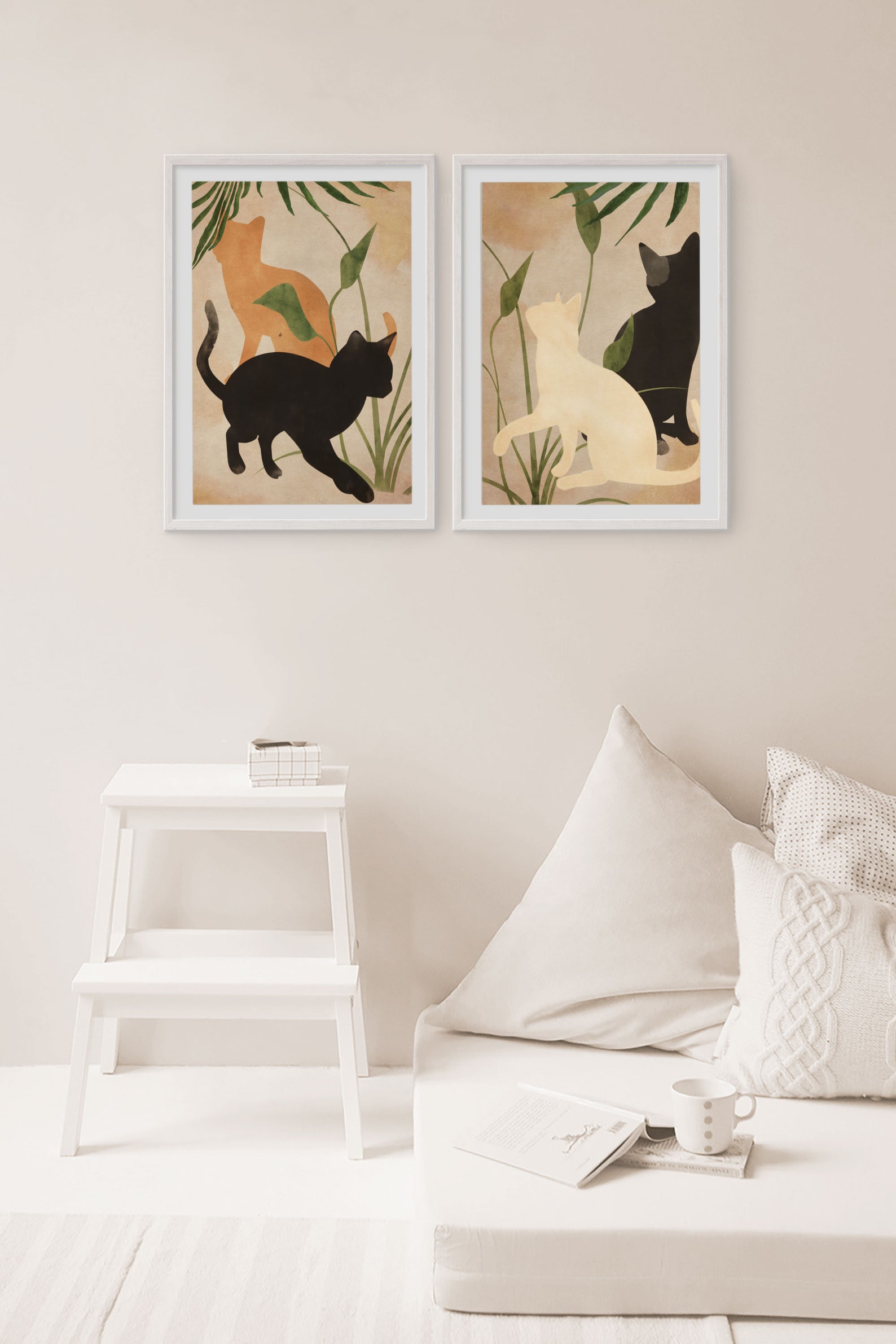 Abstract Cat Art Black Cat Print Set of 2 Wall Art Boho Art Etsy