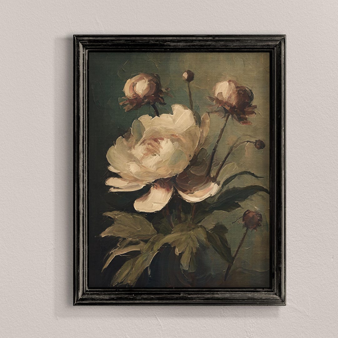White Peony Print, Peonies Digital Print, Vintage Flower Painting ...