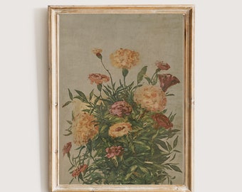 May include: A framed vintage painting of a bouquet of pink and yellow carnations with green leaves on a light gray background.