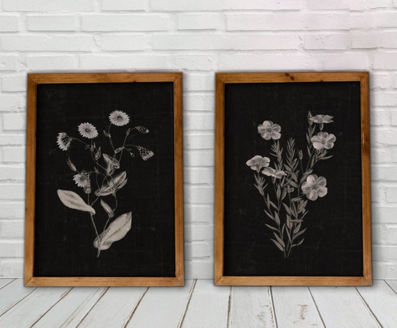 Denmark Etsy Wildflower Set, Prints of Prints, Black Art, White Set Black Floral Printable, 2 Wall Print, - Flower Botanical Print, Background Floral Dark