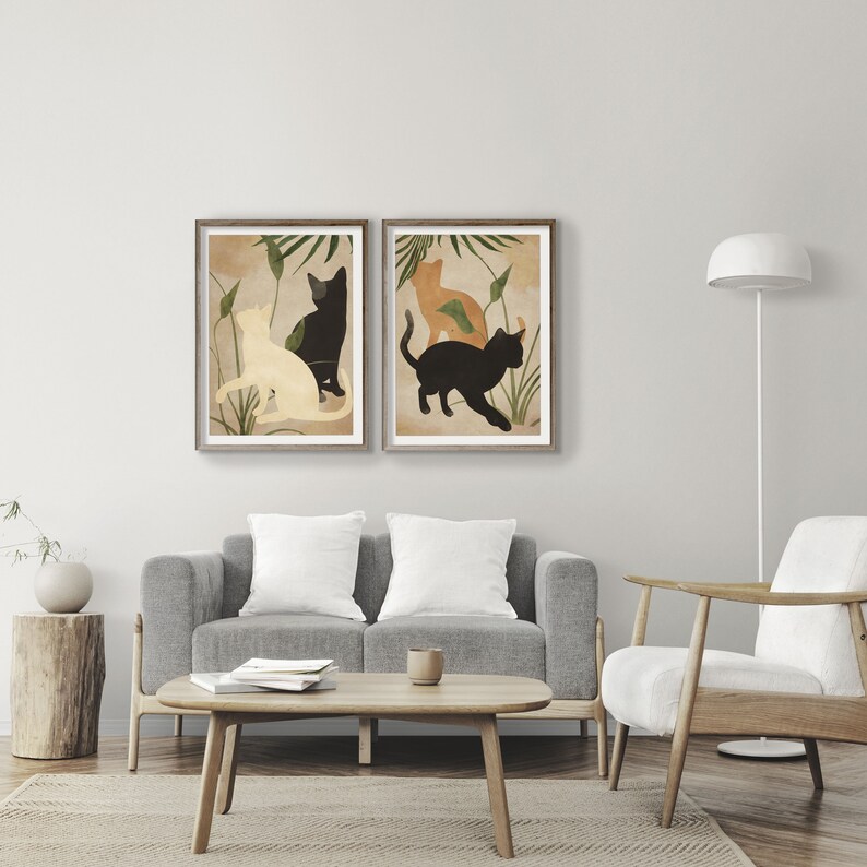 Abstract Cat Art Black Cat Print Set of 2 Wall Art Boho Art Etsy