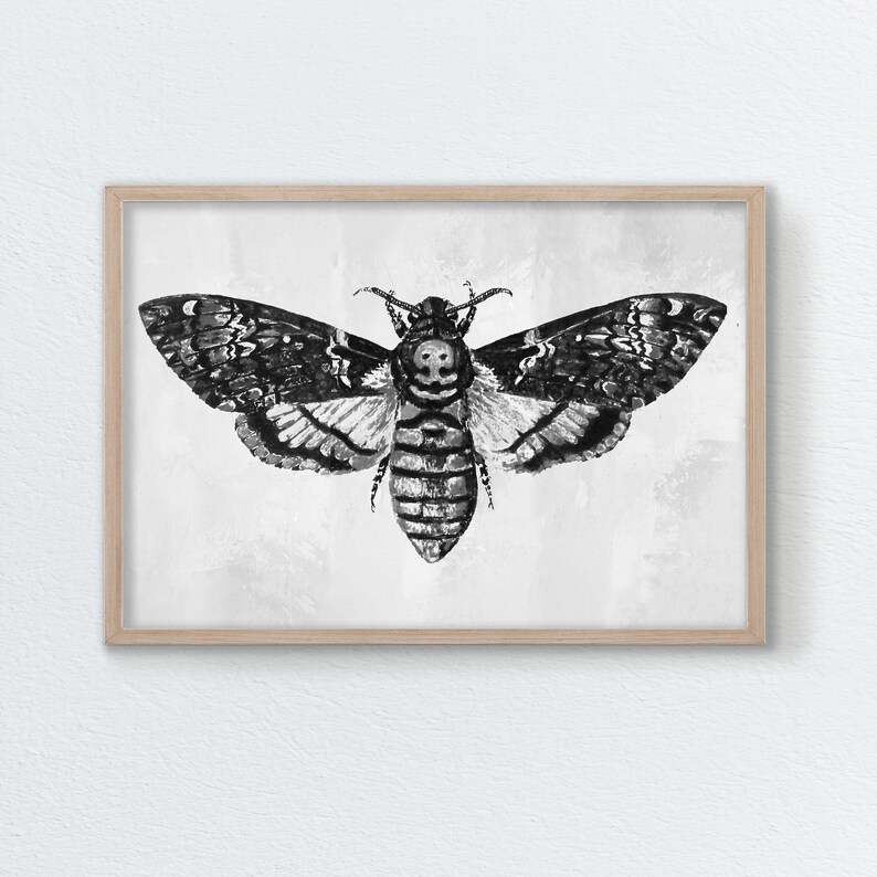 Peut inclure: Illustration en noir et blanc d'un sphinx t&ecirc;te-de-mort avec un motif de cr&acirc;ne sur son thorax.