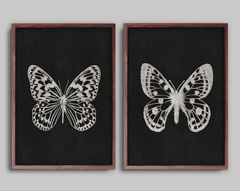 Black & White Butterfly Print Set, Dark Botanical Insect Art, Printable Wall Art, Prints Set of 2
