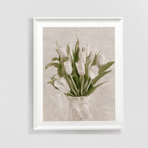 White tulip print, spring tulip art, neutral still life floral painting, flower poster, flower wall art, botanical print, wall art printable