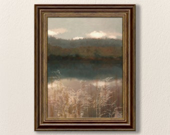 Arte murale con paesaggio lacustre malinconico, dipinto naturalistico vintage, arredamento rustico per lago, stampa di paesaggio scuro, download digitale