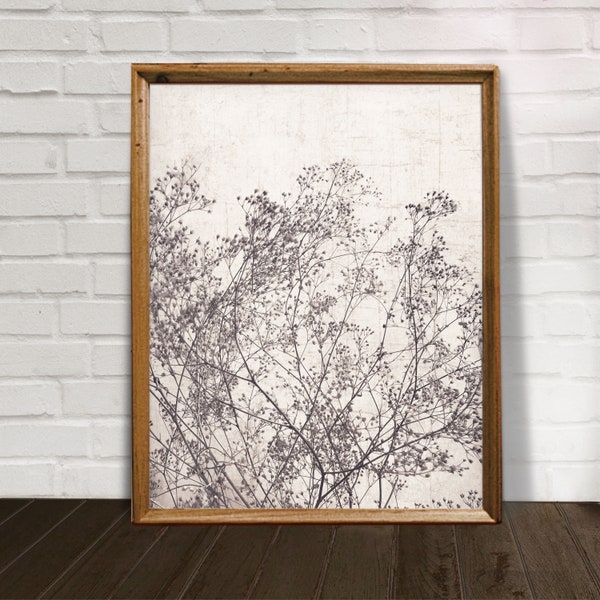 Vintage floral print, black and white botanical prints, dried floral print, wildflower wall art, digital prints, neutral farmhouse poster