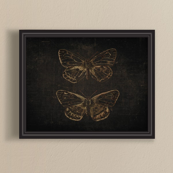 Vintage butterfly print, insect printable, minimalist artwork, black background art, dark vintage print, moody painting, beige butterfly art