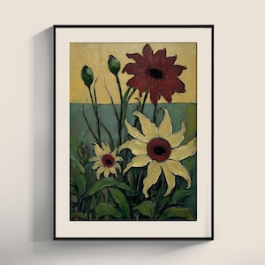 Wildflower Oil Painting Print: Dark Green Botanical Farmhouse Art (Digital Print)