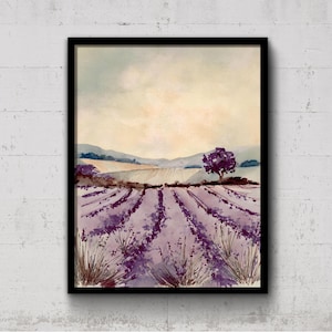 Lavender Fields Picture, Provence Countryside Landscape Print, French Farmhouse Decor, Purple Floral Nature Painting, Vintage Botanical Art