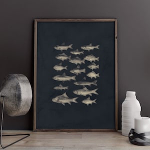 Schwarzer Fisch Druck, dunkle Wandkunst, nautische Drucke, Küsten Poster, schwarzer Hintergrund, Fisch druckt Wandkunst, nautische Wandkunst, Meeresweltkunst