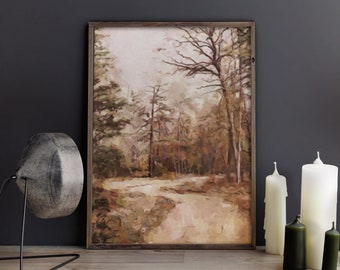 Peinture forestière, impression forestière vintage, impression de paysage forestier, paysage en sourdine, art mural maussade, paysage rustique, impressions numériques de décoration intérieure