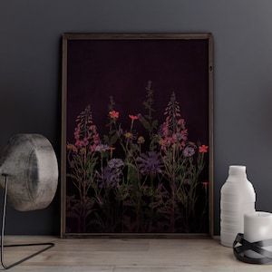 Botanischer Druck, Blumen Poster, dunkle Blumenwandkunst, botanische Blumendrucke, schwarzer Hintergrunddruck, Wildblumen Wandkunst, schwarz botanisch