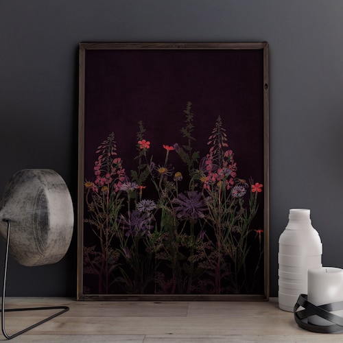 Wildflower Wall Art Dark Botanical Print Flower Artwork Etsy