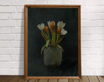 Vintage Tulip Print: Dark Floral Still Life, Botanical Art (Digital Download)