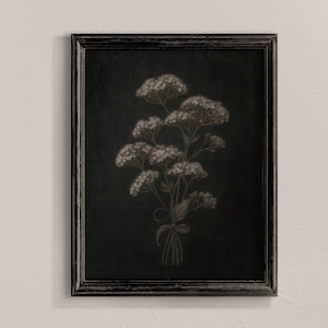 Impresión botánica oscura, arte mural botánico melancólico, arte floral en blanco y negro, fondo negro, impresiones digitales, póster minimalista de flores silvestres