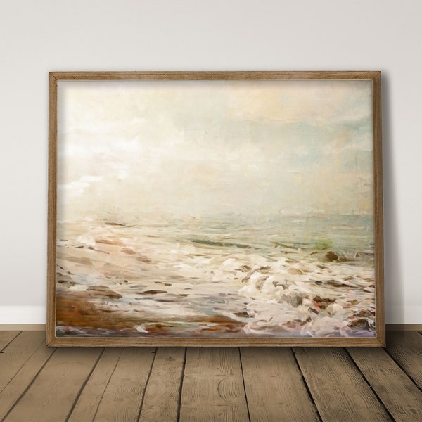 Seascape oil painting, vintage ocean neutral, seascape coastal wall art, digital print, muted beige nautical art, coastal landscape painting