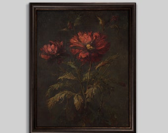 Red Peony Vintage Floral Print: Dark Botanical Wall Art (Digital Download)