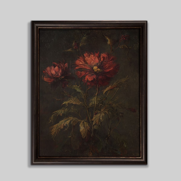 Red peony wall art, dark botanical prints, flower vintage artwork, moody wall art, digital prints, Dark Academia, floral vintage painting