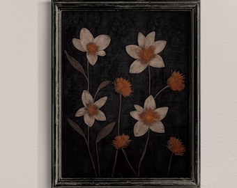 Arte mural de flores abstractas oscuras, impresión de tapiz floral vintage (descarga digital)