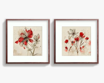 Red floral print, wildflower art print, botanical wall art, digital prints, 2 piece wall art, vintage botanical print, red flower print