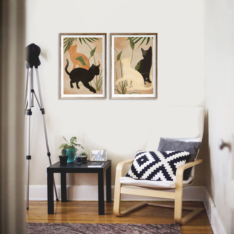 Abstract Cat Art Black Cat Print Set of 2 Wall Art Boho Art Etsy
