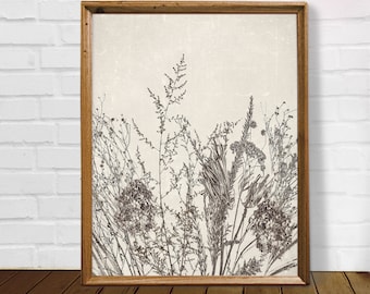 Lámina vintage de flores silvestres: Arte mural botánico negro (descarga digital)