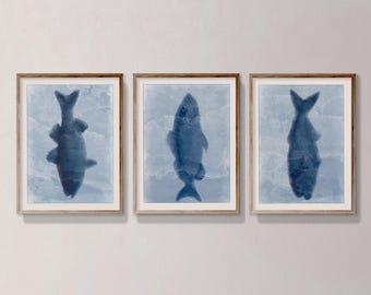Set di stampe di pesci indaco: arte murale nautica vintage (download digitale)